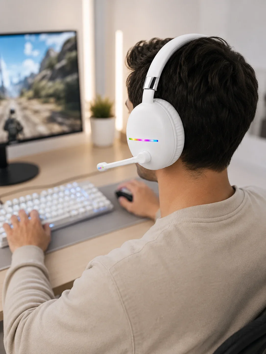 Kablosuz Bluetooth krofonlu Beyaz Kulaklık RGB Işıklı görsel 2