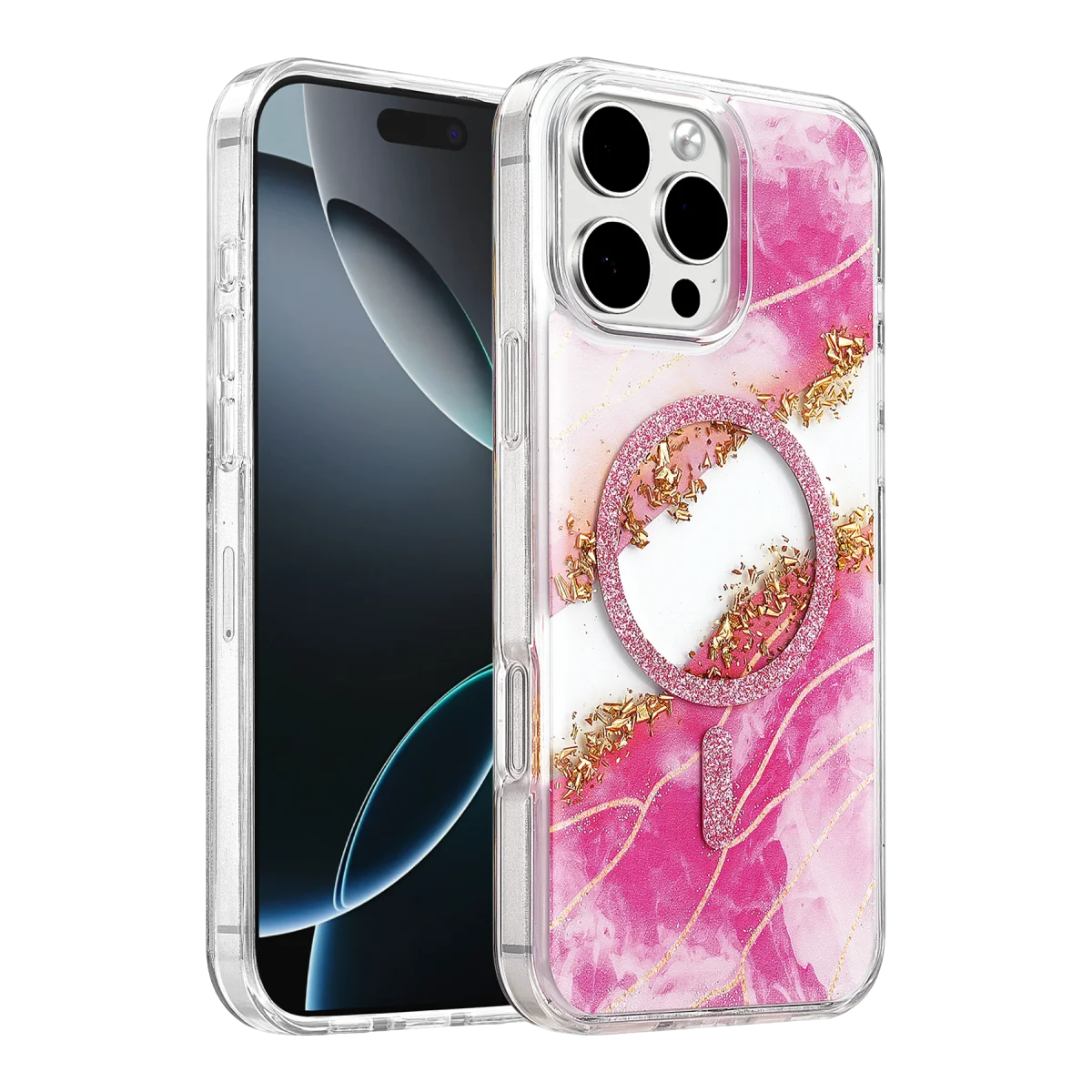 Onegif Apple iPhone 16 Pro Max Lotus Simli Magsafe Kapak - Pembe