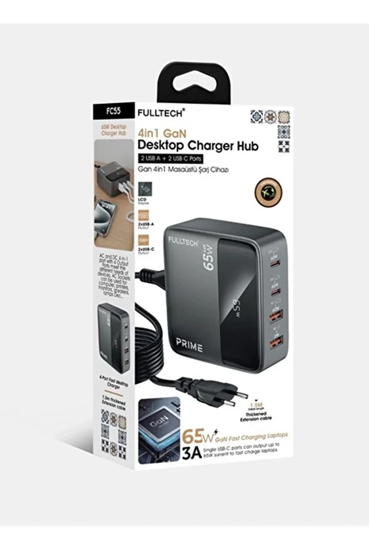 65W Masaüstü 4 Portlu Hızlı Şarj Cihazı İstasyonu 2xUSB-A, 2xTYPE-C Giriş,1,5 mt. Kablo görsel 5