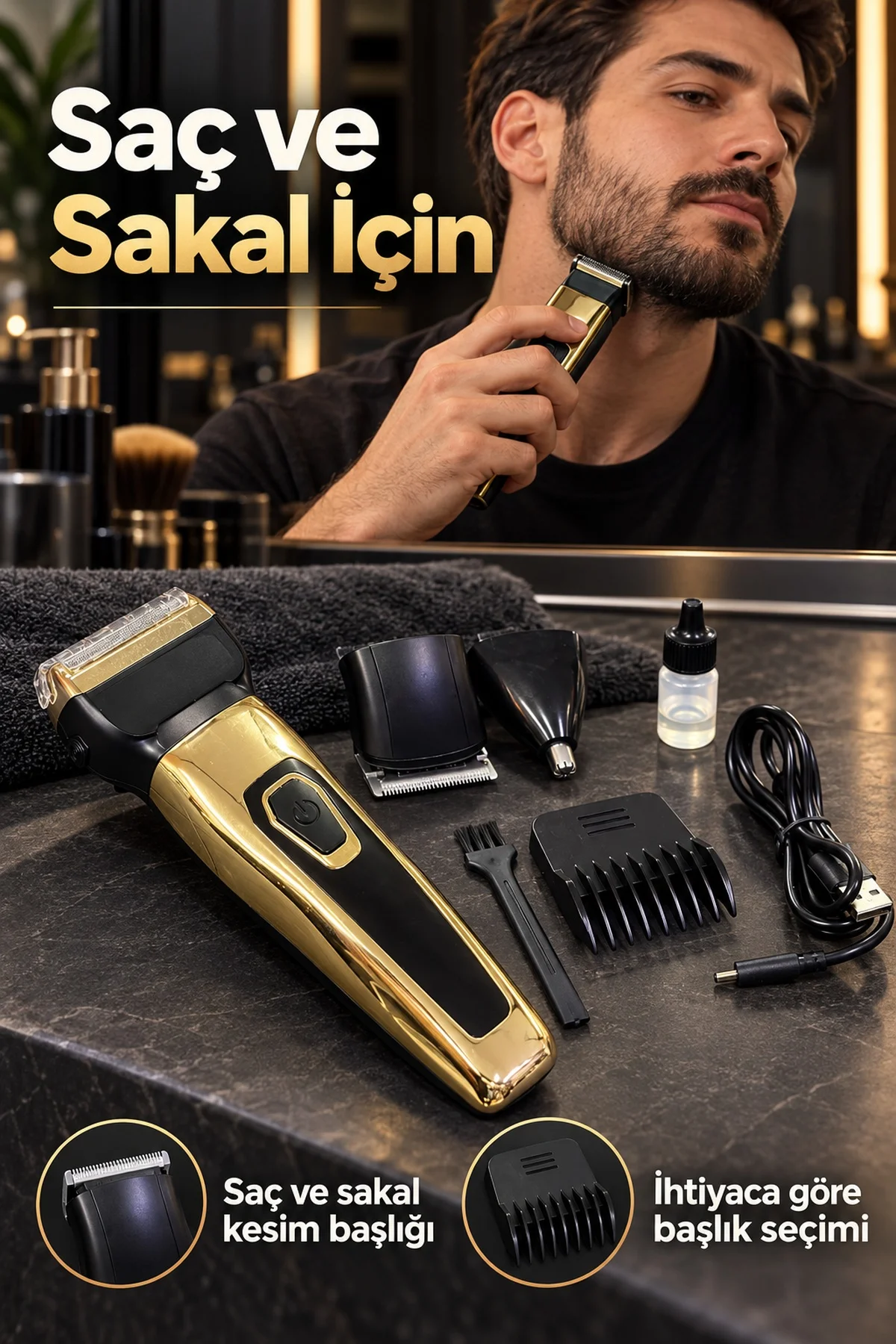 Saç Sakal Tıraş Makinesi Üç Değiştirilebilir Başlıklı