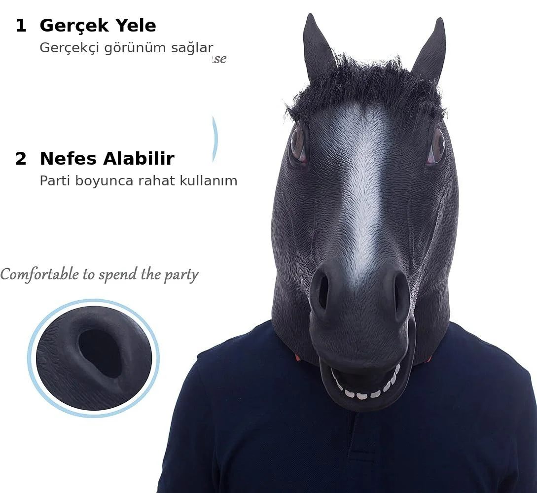 Gerçekçi At Kafası Maskesi Siyah Renk görsel 3