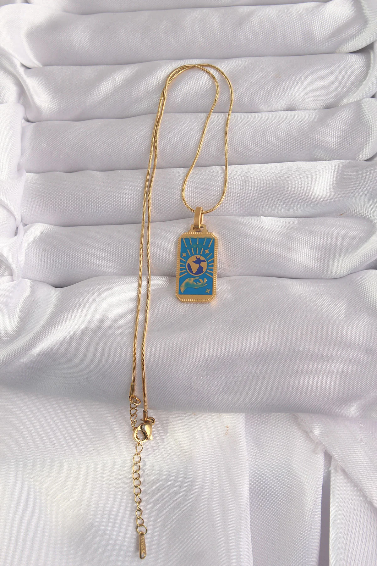 316L Çelik Gold Renk Mavi neli El Figür Tarot Kolye görsel 2