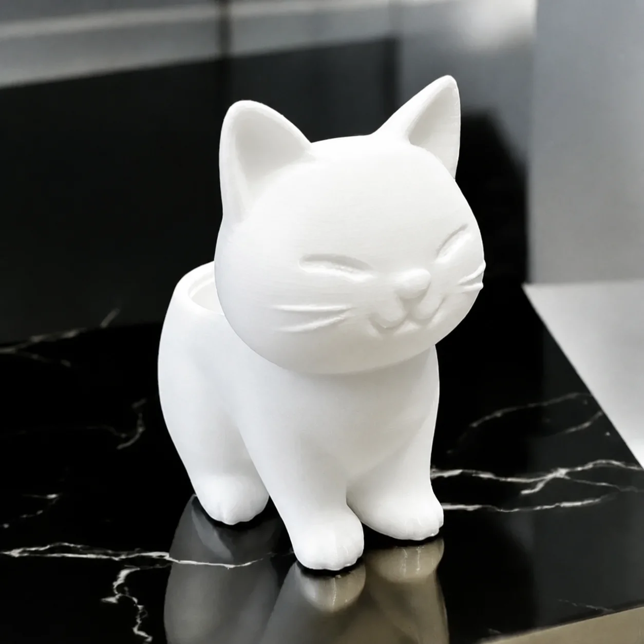 3D Baskı Sevimli Kedi Saksı - Figürlü Sukulent Saksısı-Beyaz görsel 2