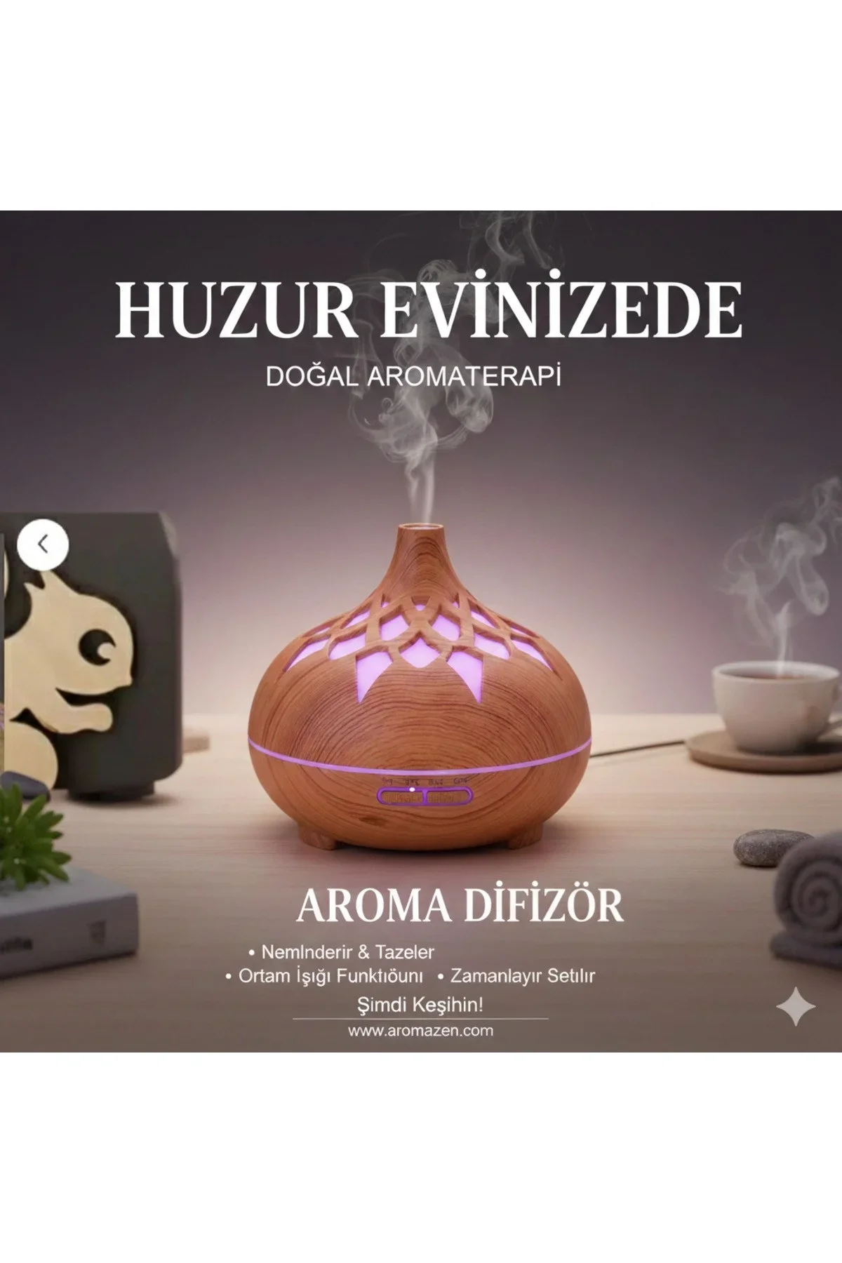 Aroma Difüzör Gece Işığı 7 Led DESENLİ Nemlendirici Kumandalı Buhar Makinesi 550 ml görsel 7