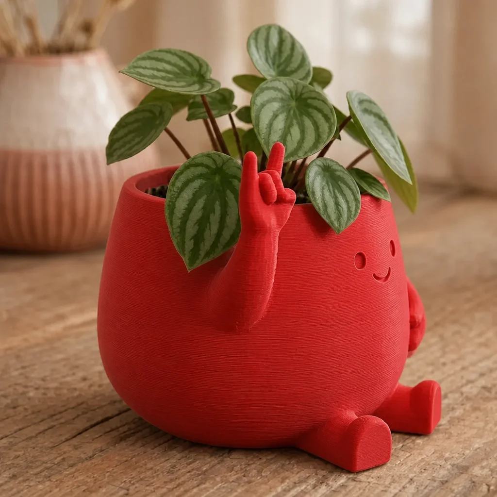 3D Baskı Smiley Face Planter - Gülümseyen Karakterli Saksı-Kırmızı görsel 2