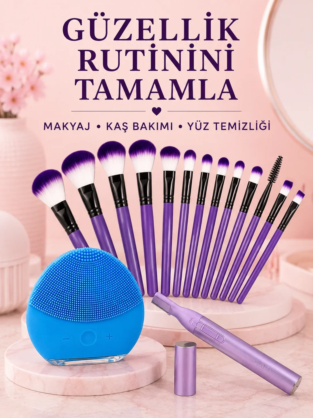 Kadın Güzellik Seti 12’li Mor Makyaj Fırçası Kaş Düzeltici ve Silikon Yüz Tezleme Cihazı Cilt Bakım Seti
