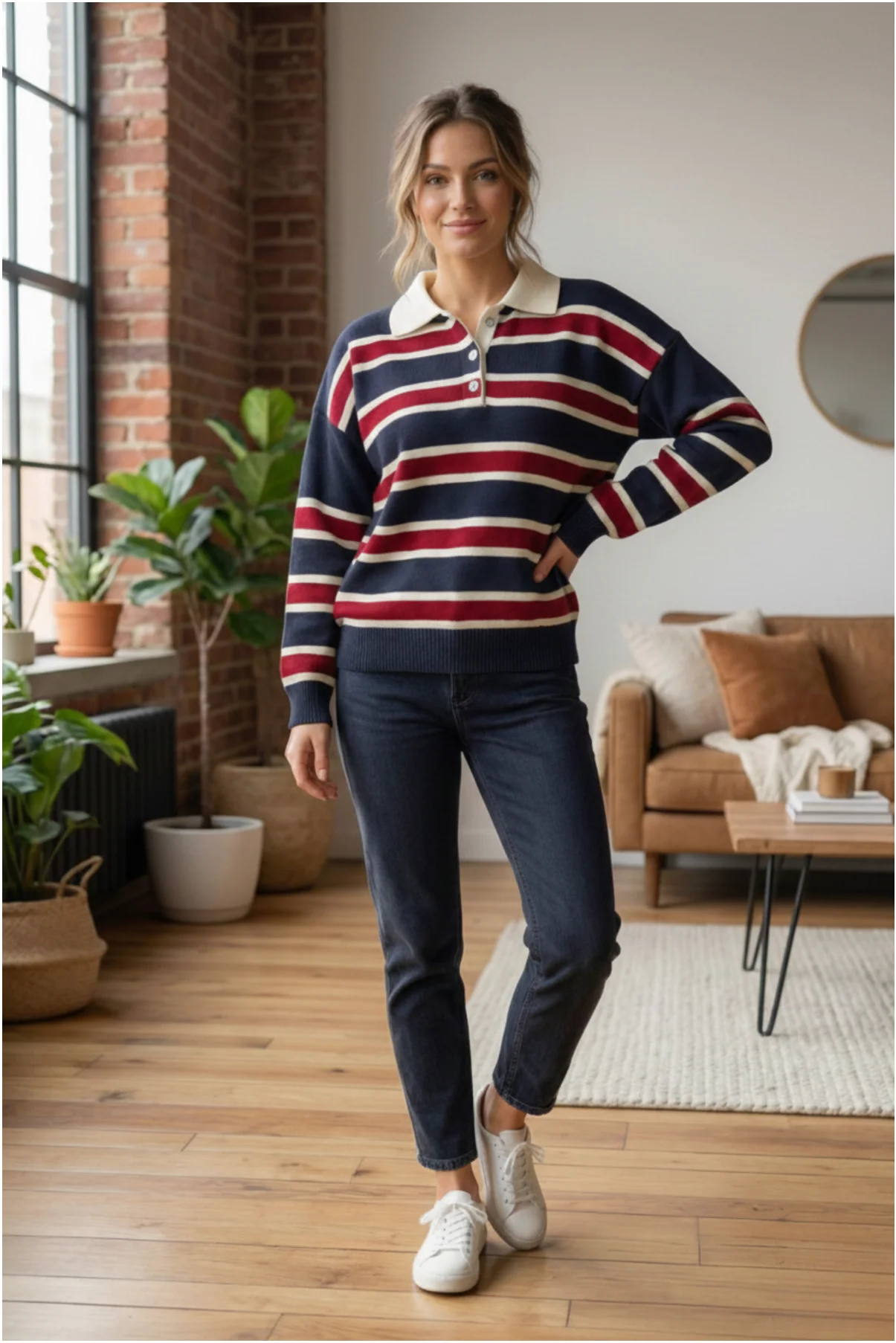 Kadın Şık Polo Yaka Çizgili Oversize Triko Kolej Stil Yumuşak Dokulu Kazak