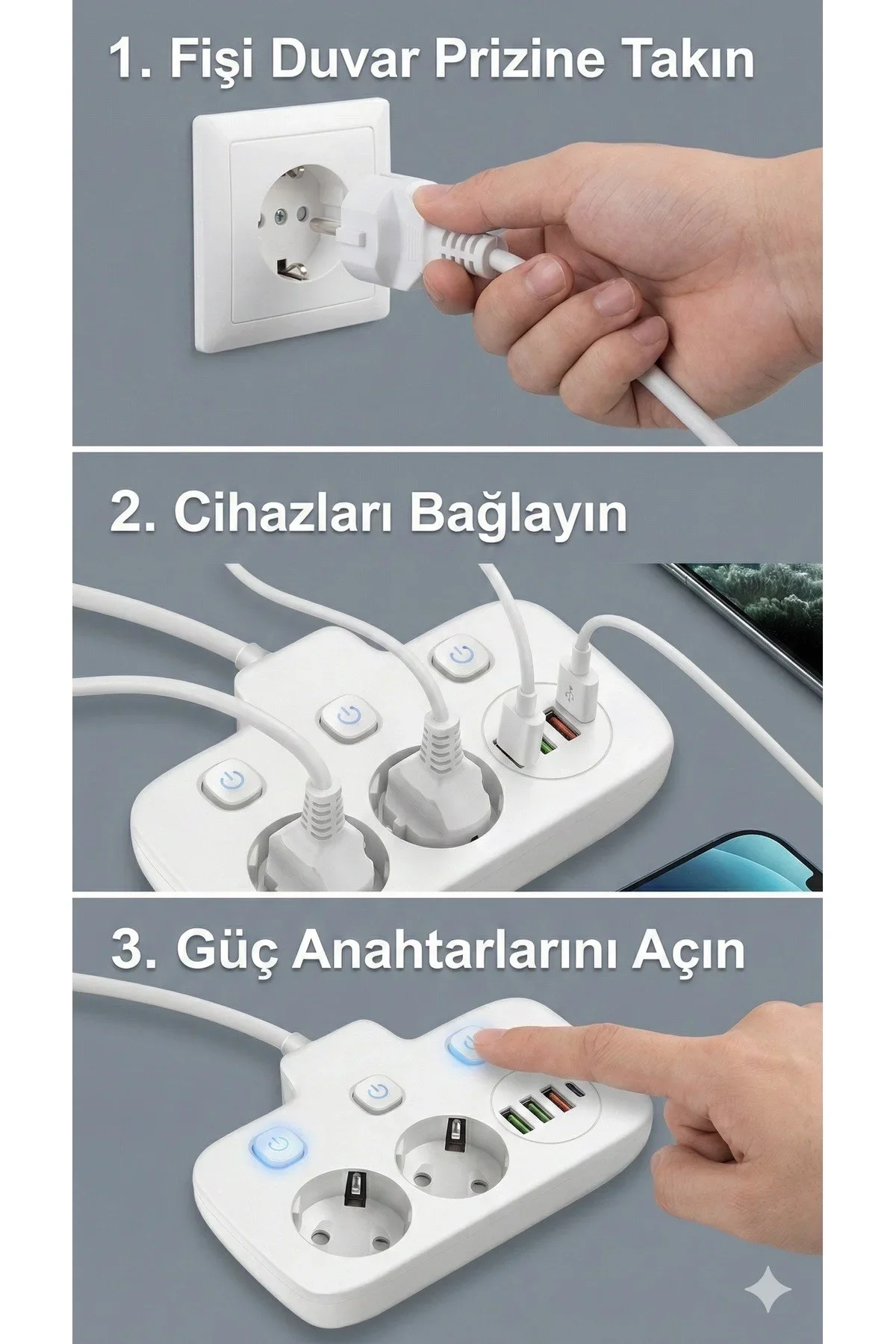 Akım Korumalı 2500W Güçlü 3 USB + Type-C Portlu Çoklu Priz | Hızlı Şarj, Çocuk Kilidi, 2 METRE görsel 3