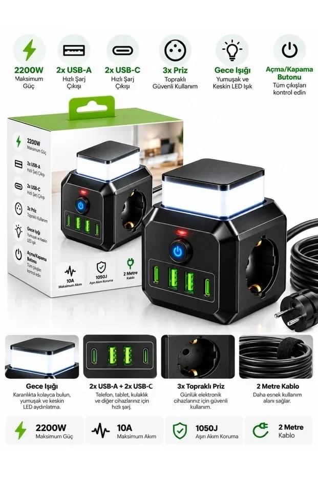 Akım Korumalı 3’lü Priz 2200W 1050J 10A Gece Lambalı 2 USB 2 Type-C Şarj Girişli Bsp-4 görsel 4