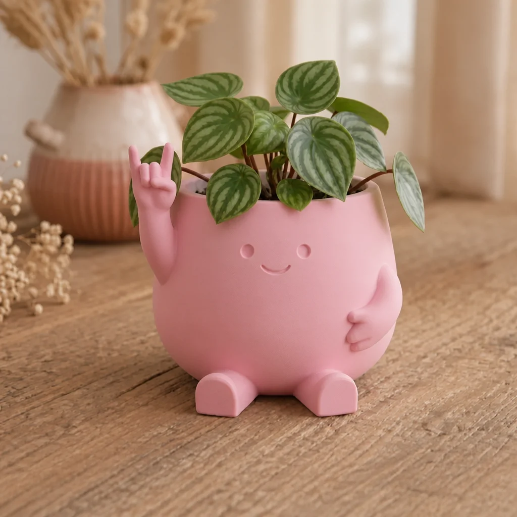 3D Baskı Smiley Face Planter - Gülümseyen Karakterli Saksı-Pembe