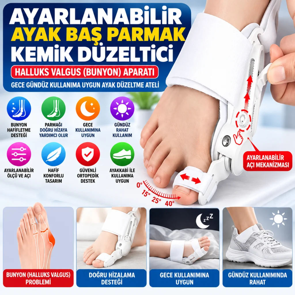 Ayarlanabilir Ayak Baş Parmak Kemik Düzeltici – Halluks Valgus (Bunyon) Aparatı, Gece Gündüz Kullanıma Uygun Ayak Düzeltme Ateli
