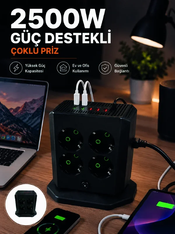 Çoklu Priz 8 Çıkışlı 4 USB 2 Type-C Anahtarlı Dikey Priz Kulesi