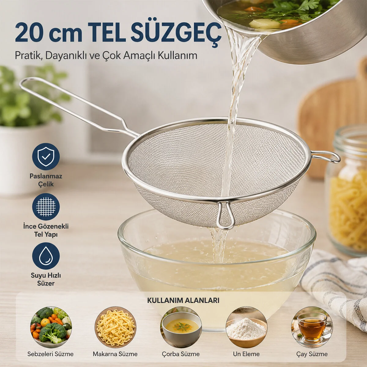 20CM Tel Süzgeç Metal Saplı Kulaklı görsel 2