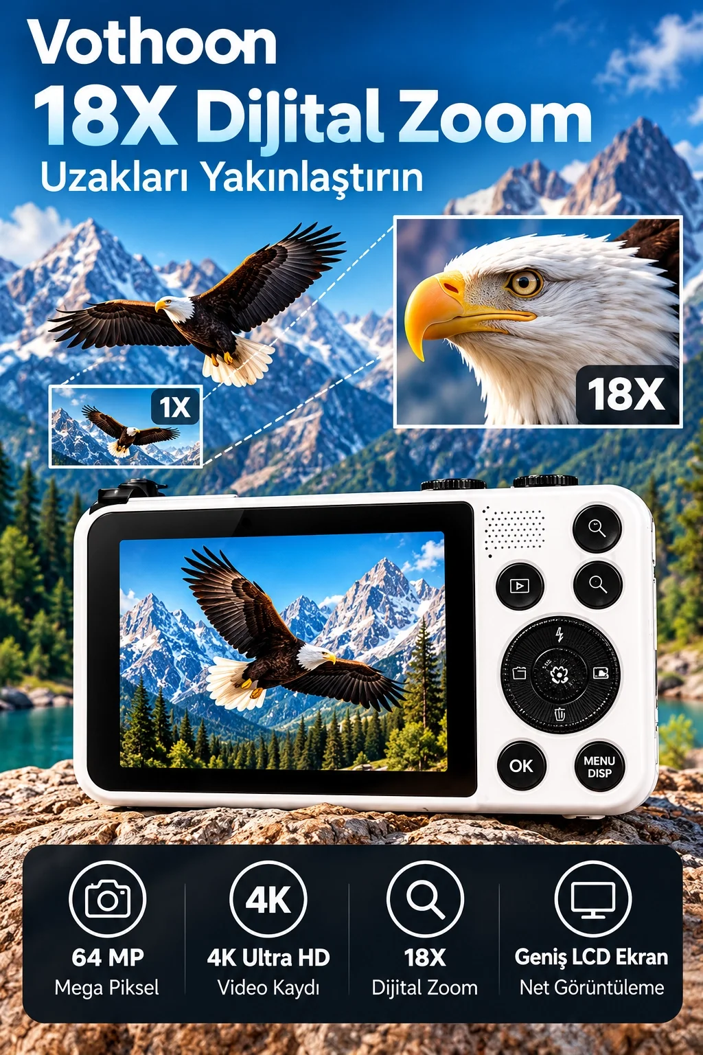 4K Dijital Fotoğraf Makinesi 18X Dijital Zoom 64 MP Ön ve Arka Ekranlı Kompakt Kamera Beyaz görsel 5