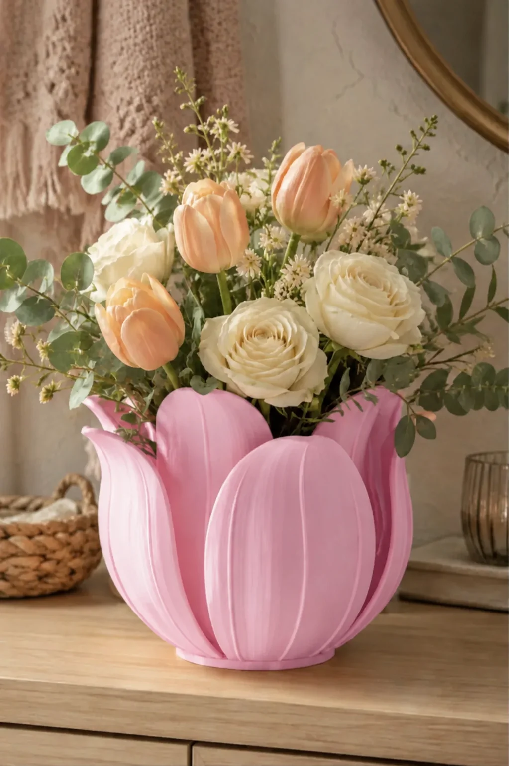 3D Baskı Lotus Yapraklı Vazo - Dekoratif Çiçeklik-Pembe görsel 2
