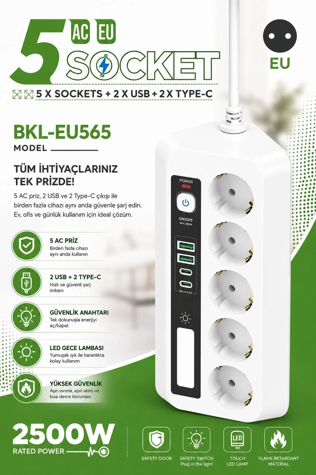 5’li Akım Korumalı Priz 2500W | 2 USB + 2 Type-C Hızlı Şarj | LED Gece Lambalı | Dokunmatik Beyaz