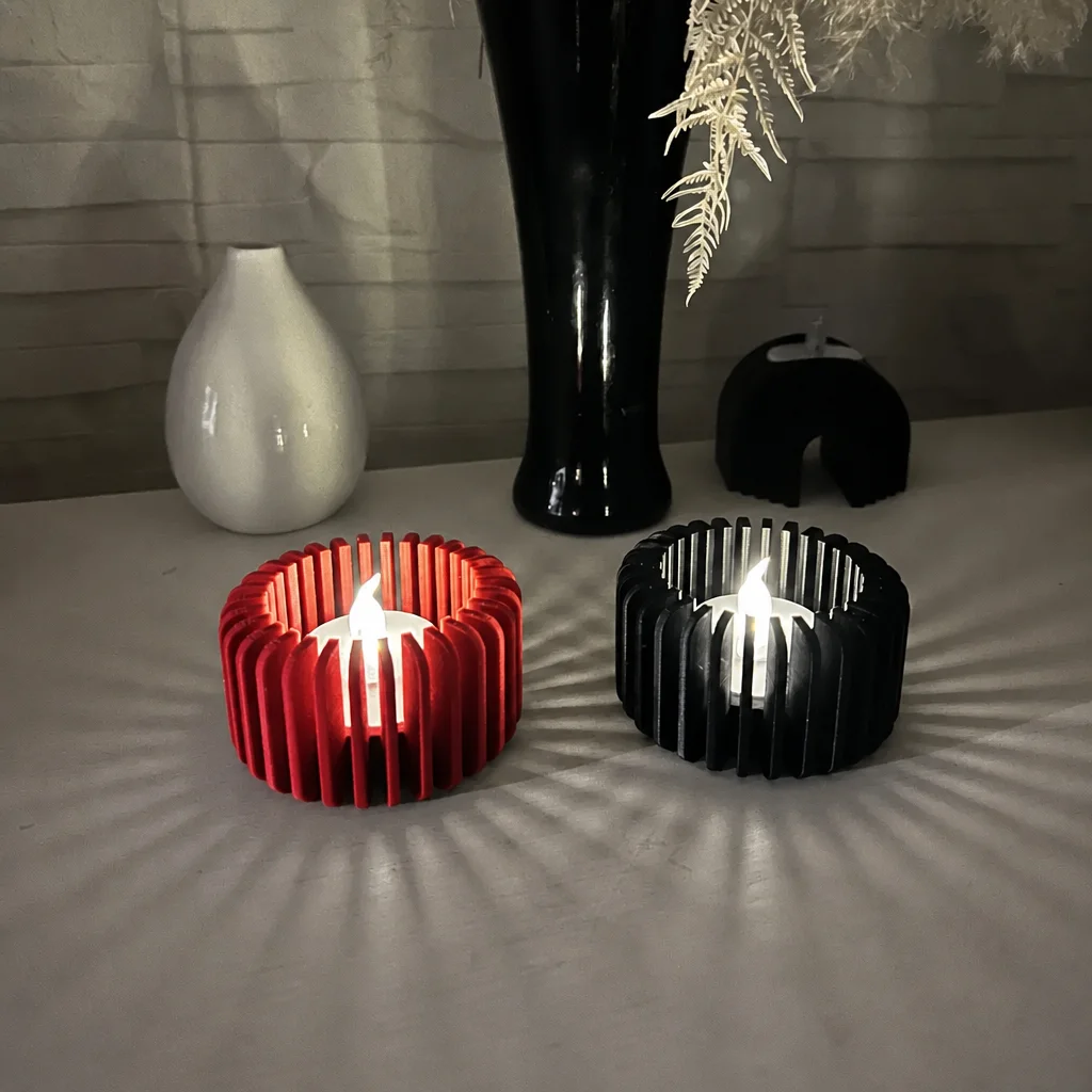 3D Baskı Modern Çizgili Mumluk - Tealight Mumluk (1 Adet)-Kırmızı