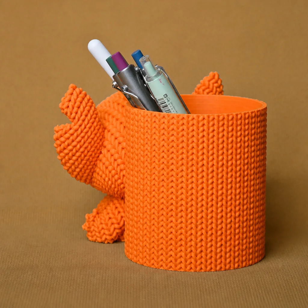 3D Baskı Knitted Kalemlik - Sevimli Karakterli Masaüstü Kalem Organizeri-Turuncu görsel 2