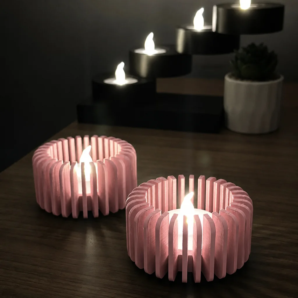 3D Baskı Modern Çizgili Mumluk - Tealight Mumluk (1 Adet)-Pembe görsel 3
