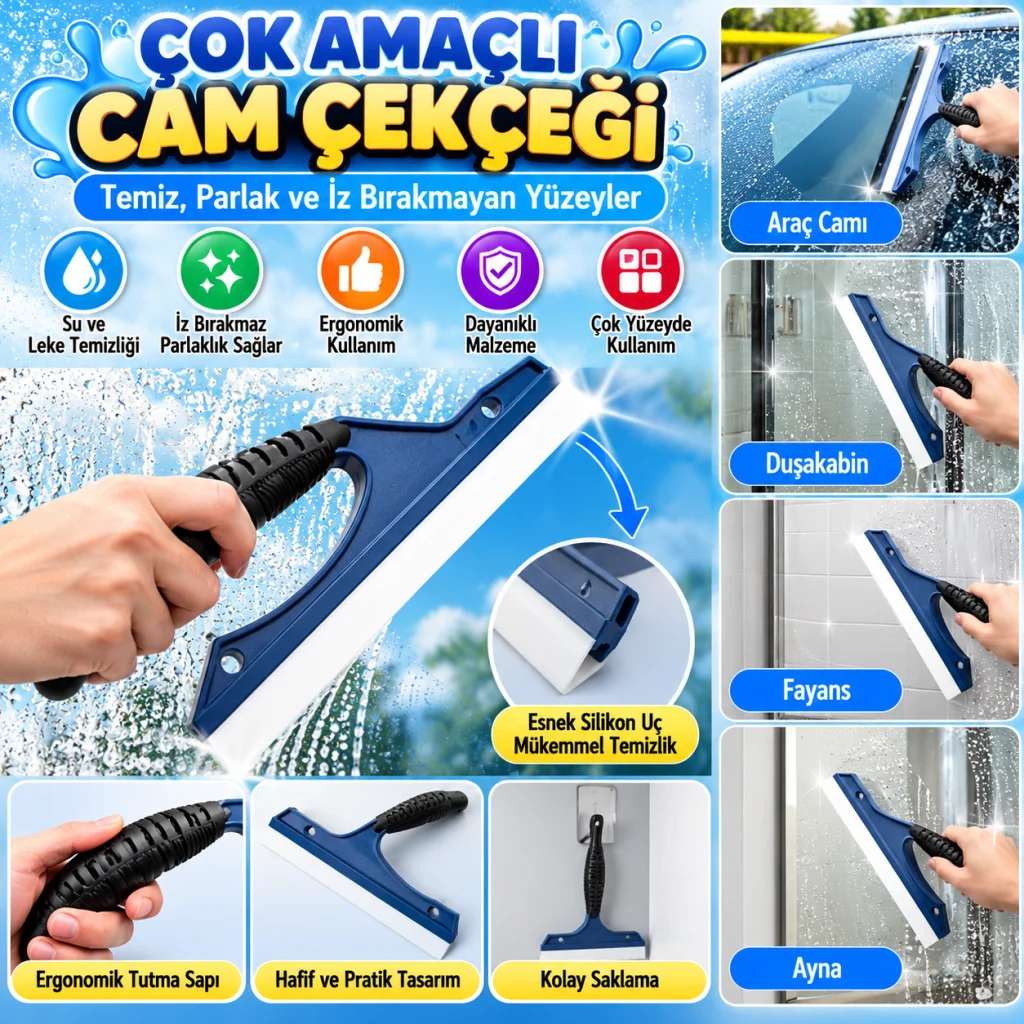 Çok Amaçlı Cam Çekçeği–Araç Camı, Duşakabin, Fayans ve Ayna İçin Leke Temizleme Aparatı