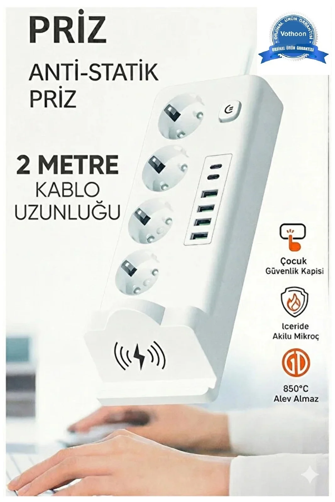 Akım Korumalı Kablosuz Şarjlı Masaüstü Priz | 4 Priz, 4 USB, 2 Type-C