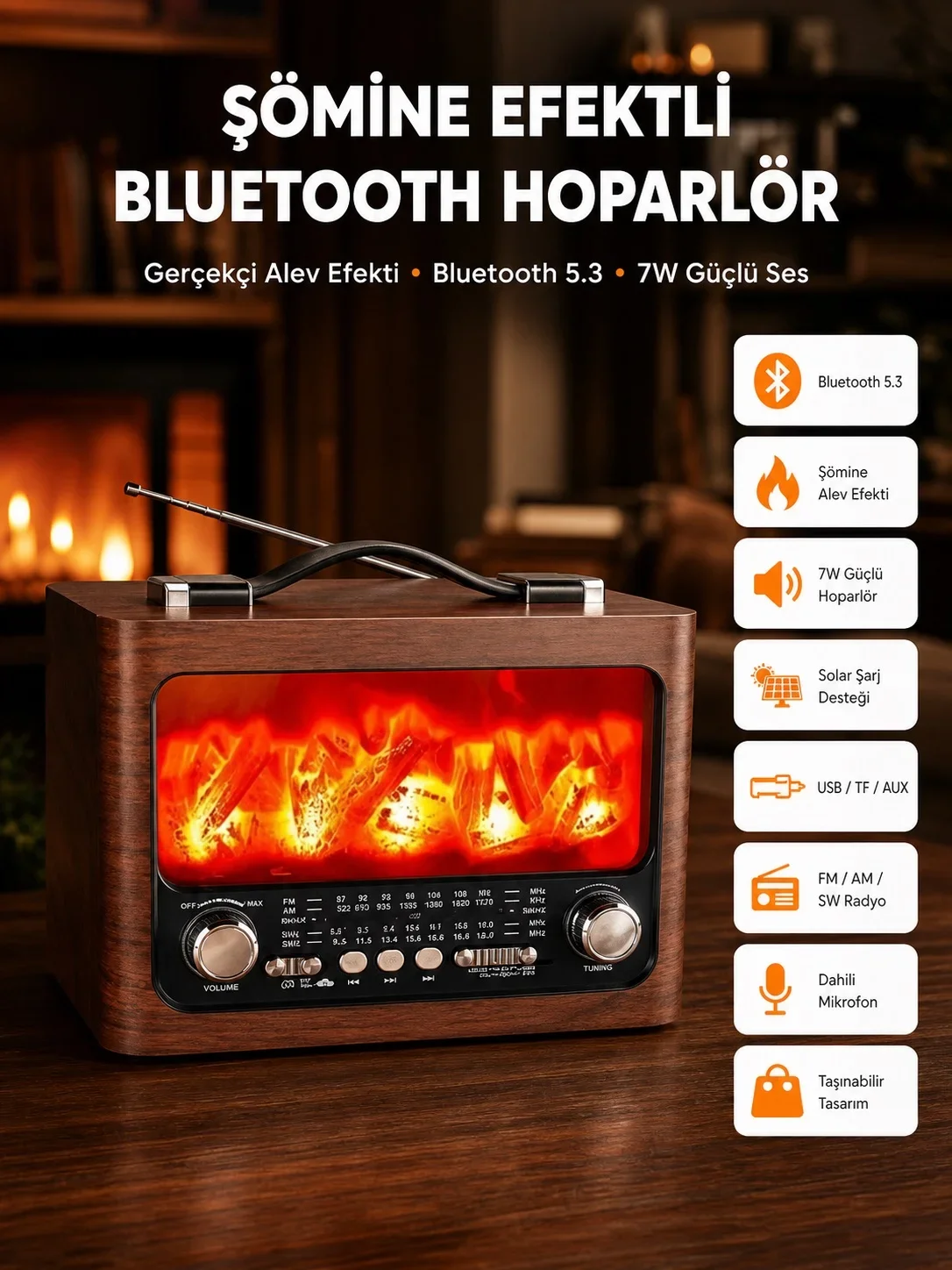 Solar Şarjlı Şöne Işıklı Bluetooth Hoparlör – Radyo, USB, TF Kart Destekli