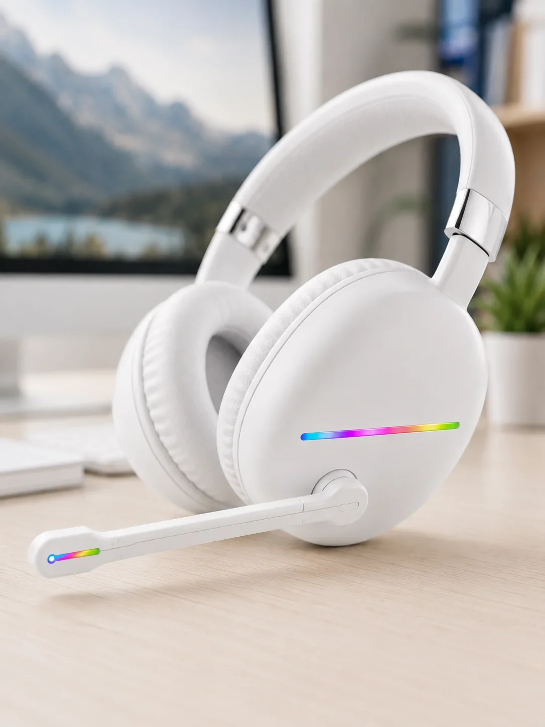 Kablosuz Bluetooth krofonlu Beyaz Kulaklık RGB Işıklı görsel 3