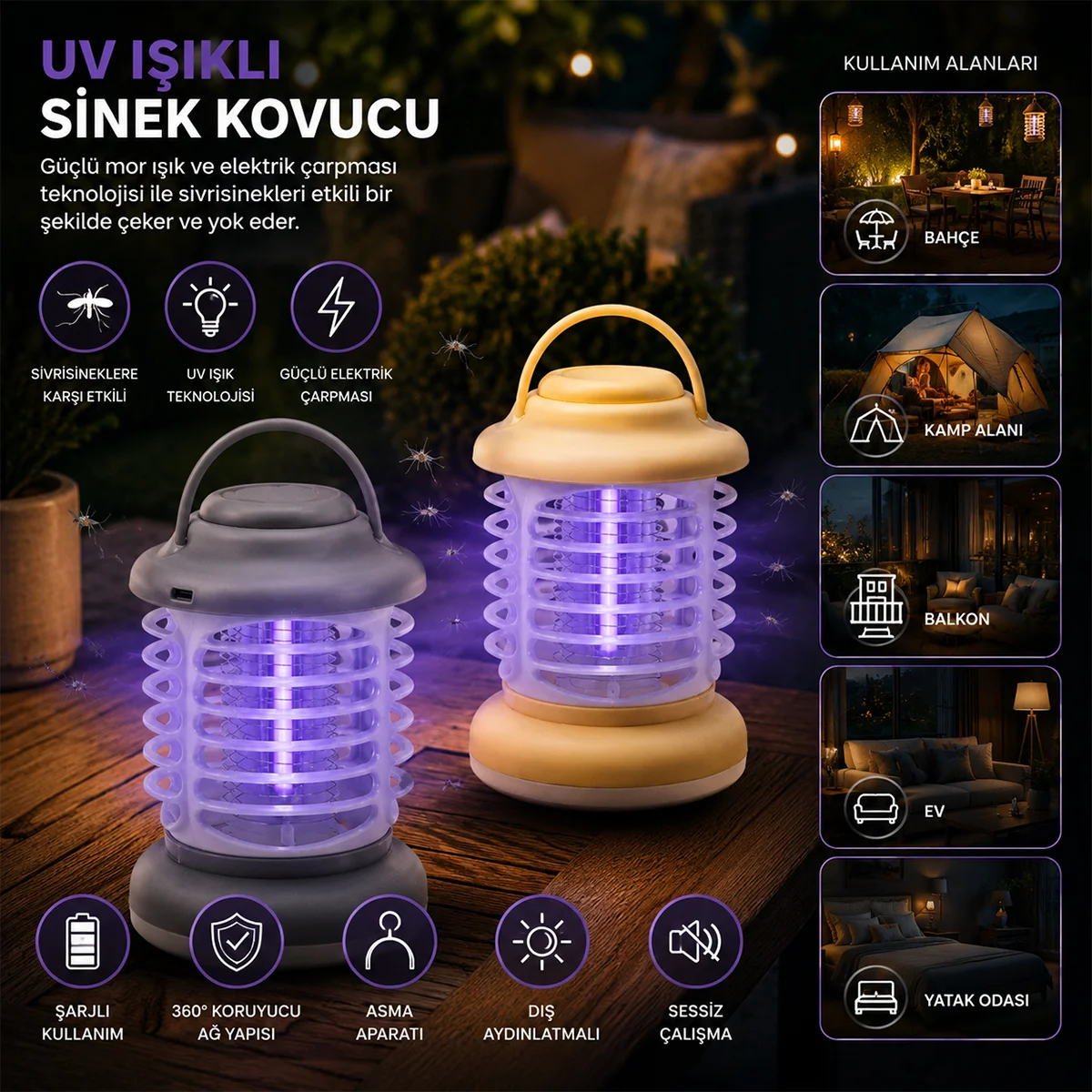USB Şarjlı UV Işıklı Sessiz Sinek Kovucu (Asma Aparat) görsel 3