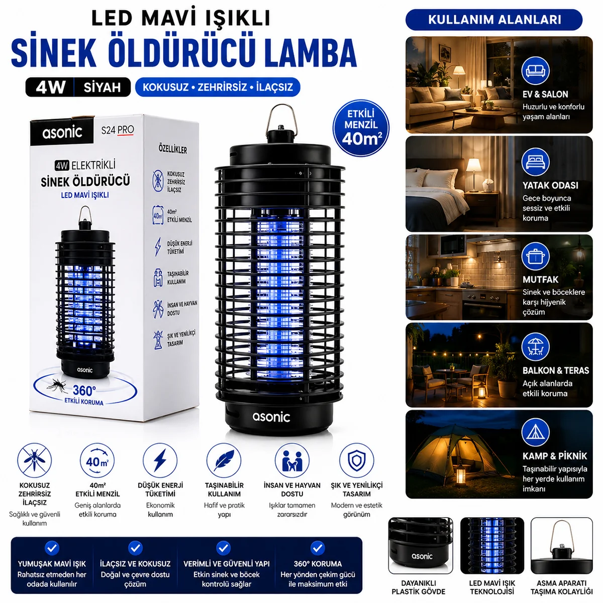 Taşınabilir LED Sinek Öldürücü 4W (Siyah) görsel 3