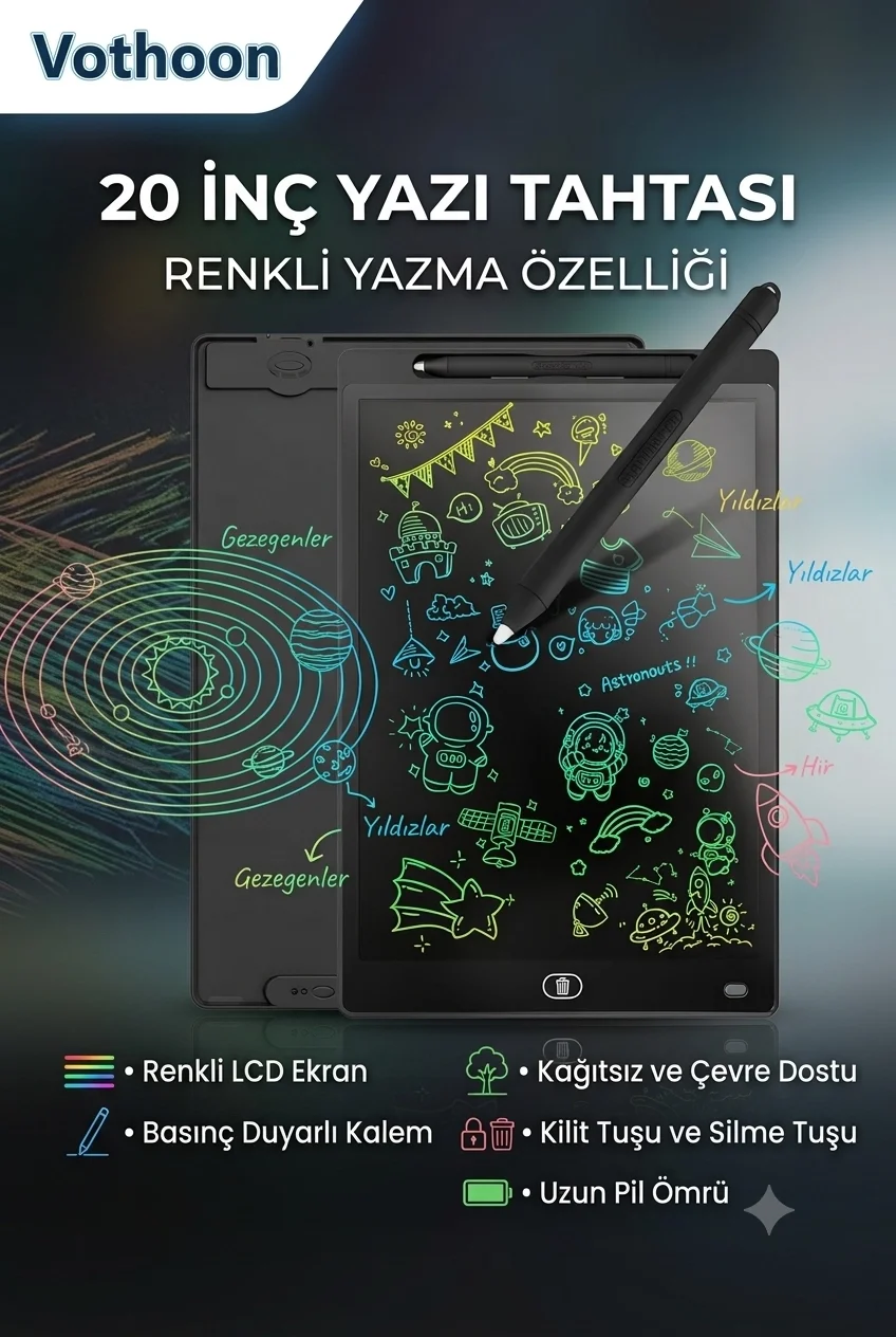20 Inc Renkli Lcd Grafik Dijital Kalemli Çizim Tableti Yazı Tahta Not Yazma Eğitim Tableti Siyah görsel 2