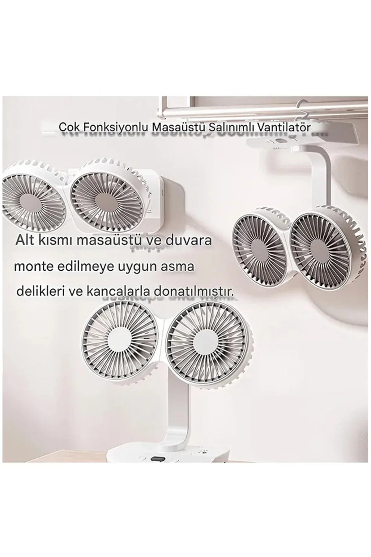 Masaüstü Dijital Ekranlı Çift Fanlı Led Işıklı Soğutucu Fan Ev Ofis Şarjlı Vantilatör görsel 3
