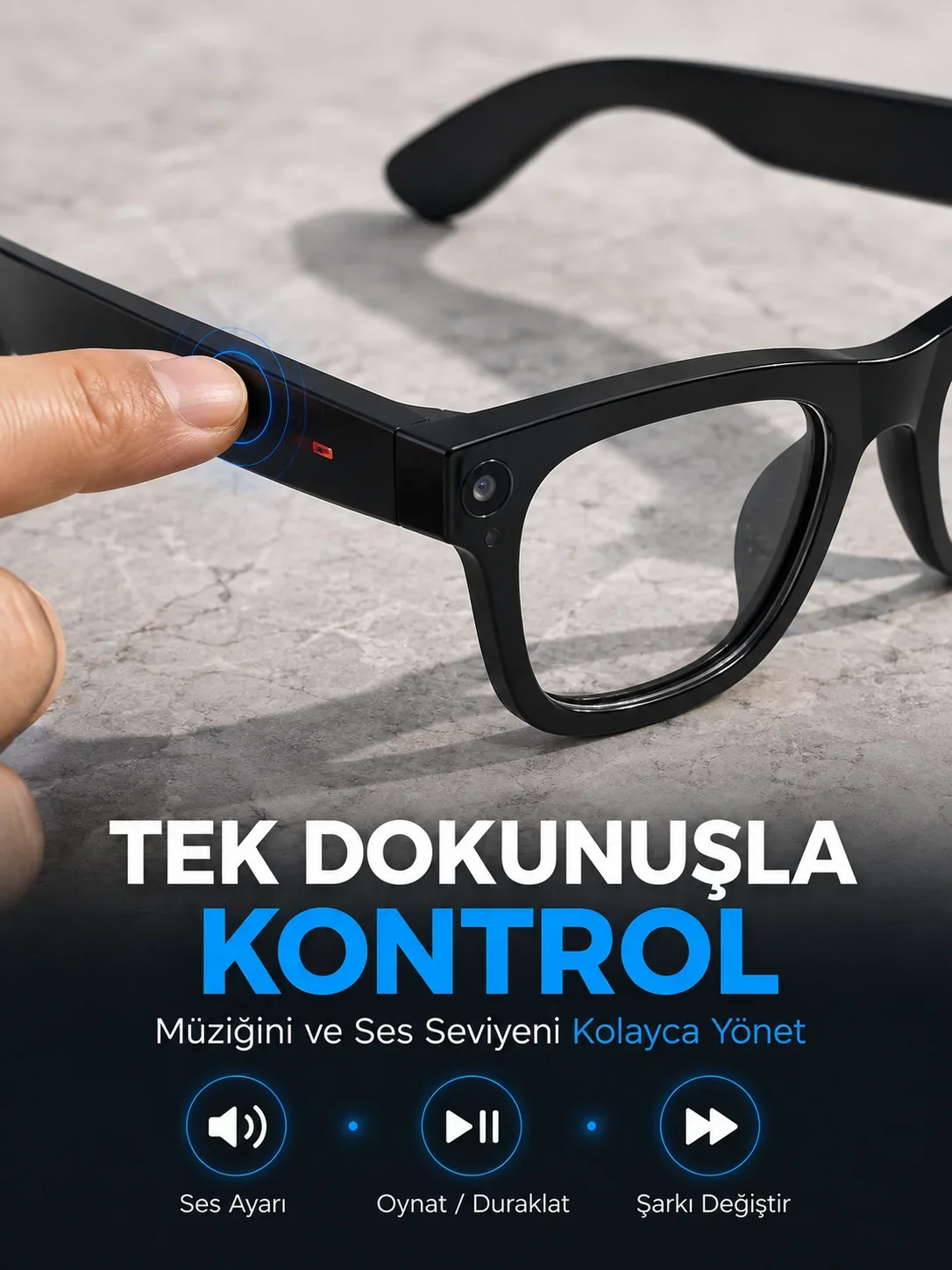 Siyah AI Destekli Akıllı Gözlük Dahili Kameralı Çoklu Dil Çeviri Bluetooth Müzik ve Arama Özellikli