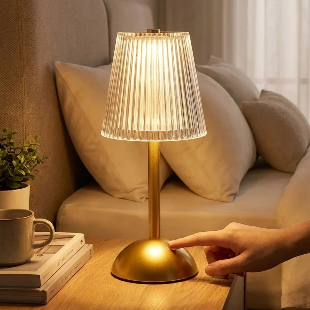 ieg™ Uzun Klasik Çizgili Model LED Masa Lambası – Dokunmatik, 3 Renk Işık Modlu, Şarjlı Dekoratif Gece Lambası görsel 2