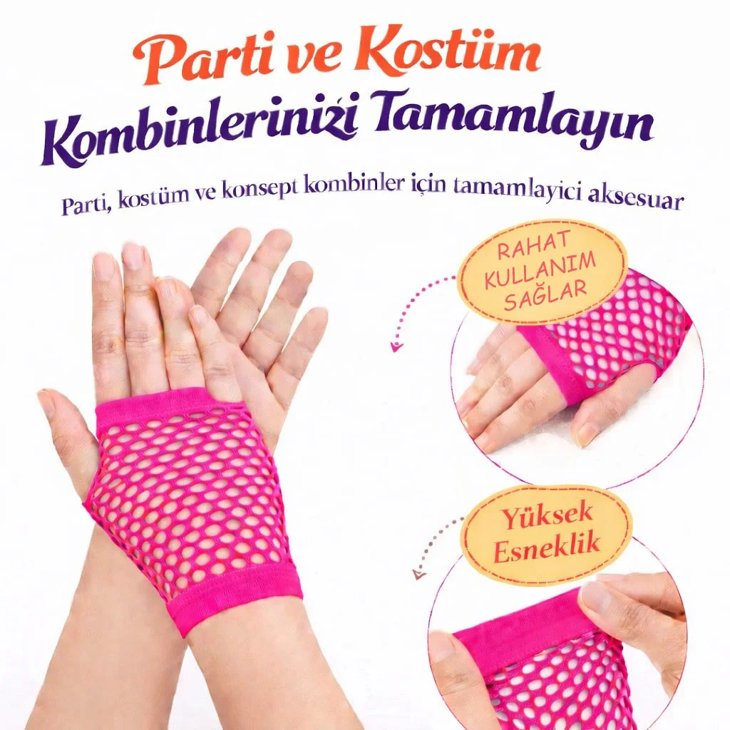 80’ler 90’lar Retro Neon Fuşya Şeker Pembesi File Parmaksız Kısa Eldiven 11 cm görsel 2