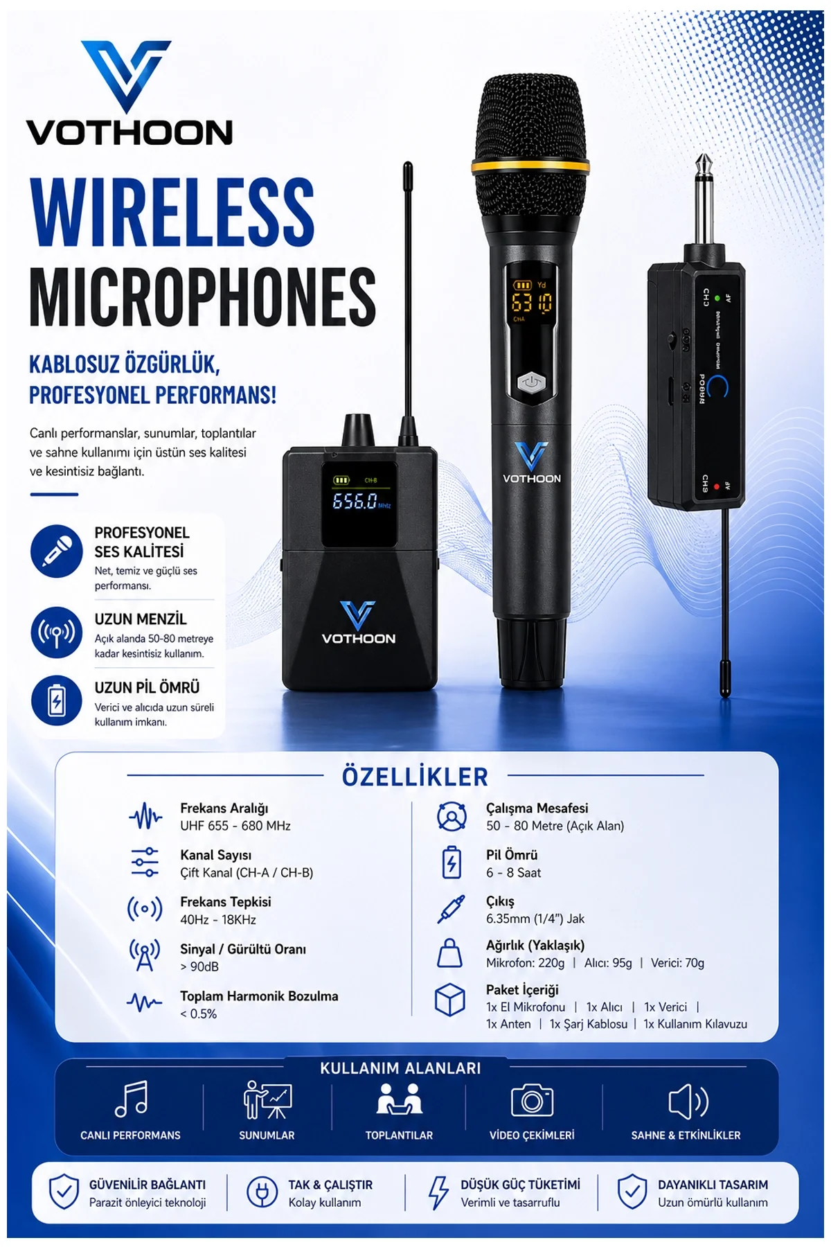 Wireless Mikrofon Sistemi UHF Kablosuz El Mikrofonu Profesyonel Ses Performansı 50 mt menzil