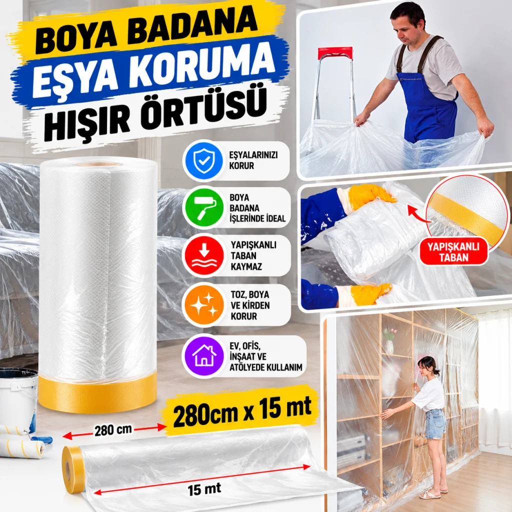 Boya Badana Eşya Koruma Hışır Örtüsü 280cm x 15 mt Yapışkanlı Hışır Örtü (adet fiyatıdır)