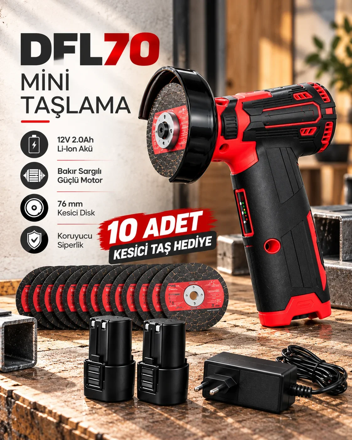 DFL70 Mini Taşlama 12V 2.0Ah Li-Ion Çift Akülü 76 mm Kesici Disk 10 Adet Kesici Taş Hediyeli