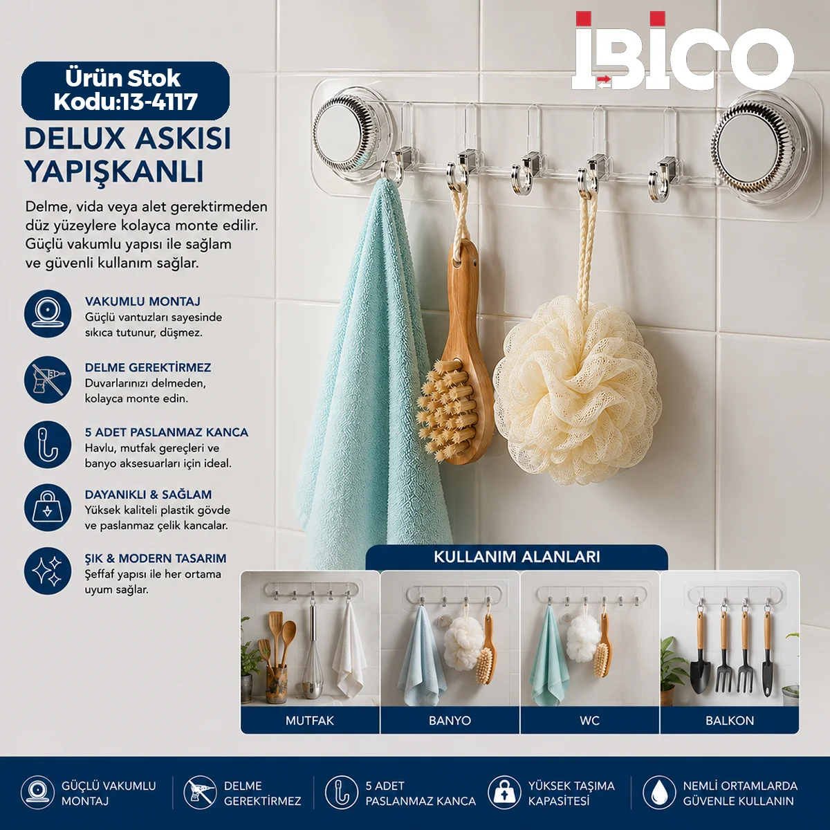 Yapışkanlı Vantuzlu 5 Kollu Plastik Askı görsel 3