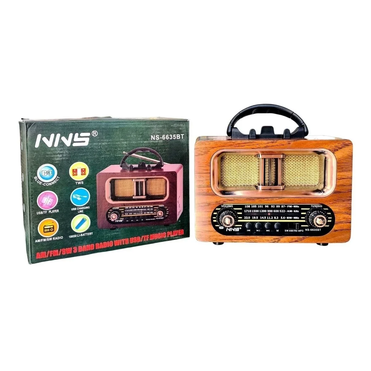 Büyük Boy Retro, Nostaljik, Ahşap Tasarım Bluetooth Hoparlörlü, Şarjlı, Taşınabilir FM/AM Destekli Radyo NS-6635 görsel 5