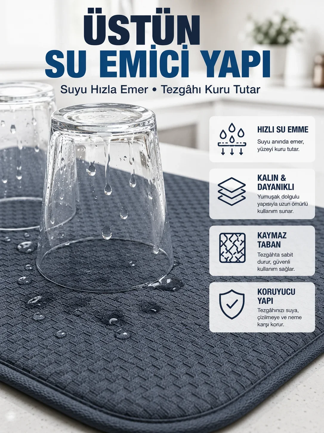 Katlanabilir Bulaşık Kurutma Matı Hızlı Kuruyan Su Eci Mutfak Matı