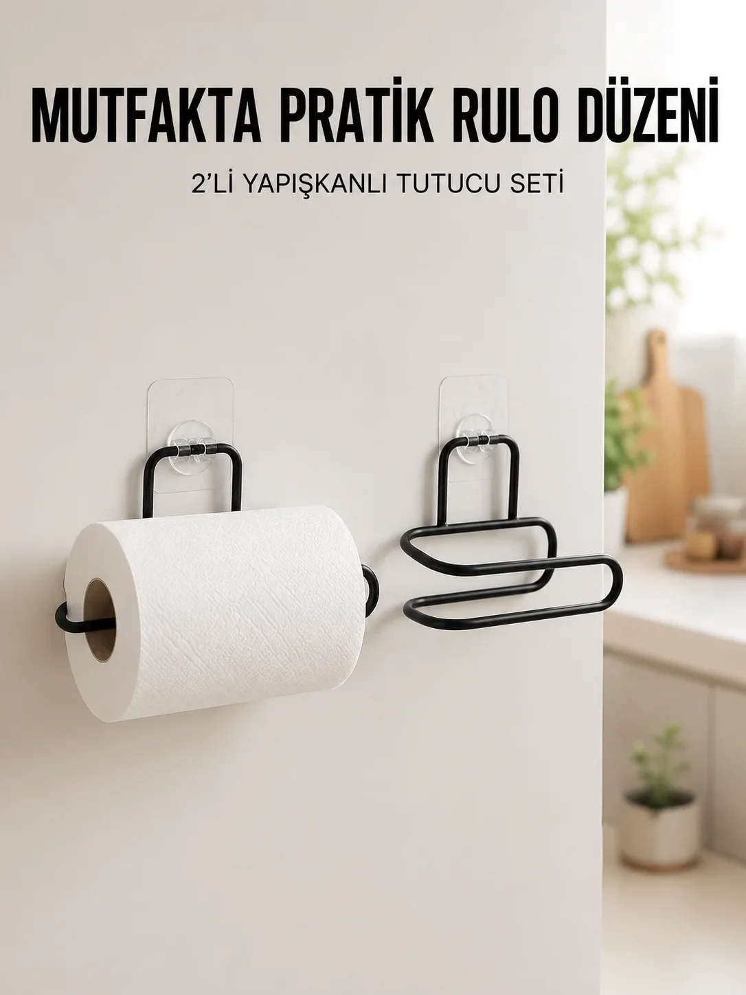 2’li Siyah Metal Rulo Kağıt Tutucu Yapışkanlı Banyo ve Mutfak Kağıtlık