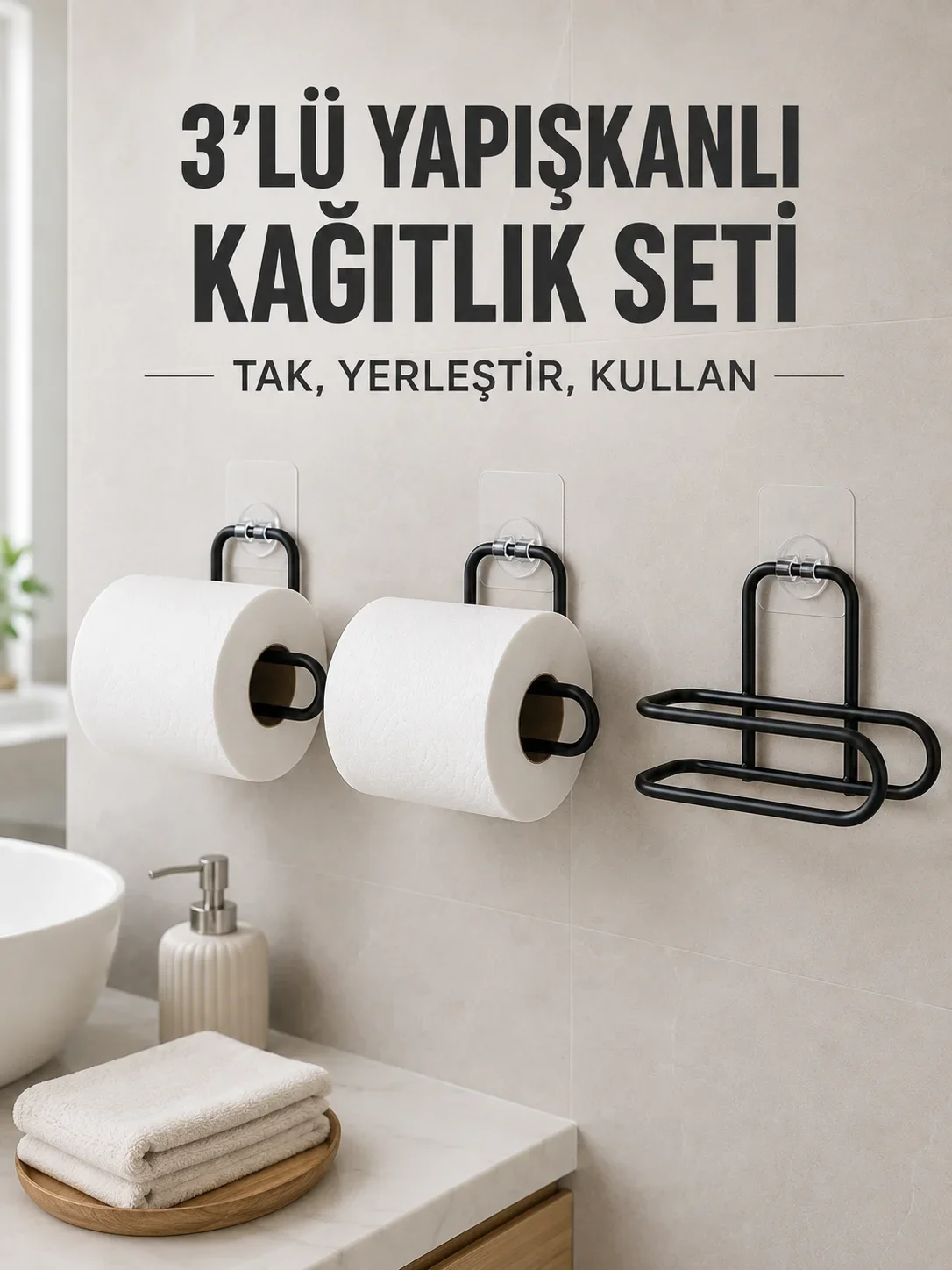 3 Adet Yapışkanlı Rulo Tutucu Siyah Metal Tuvalet Kağıdı Askısı