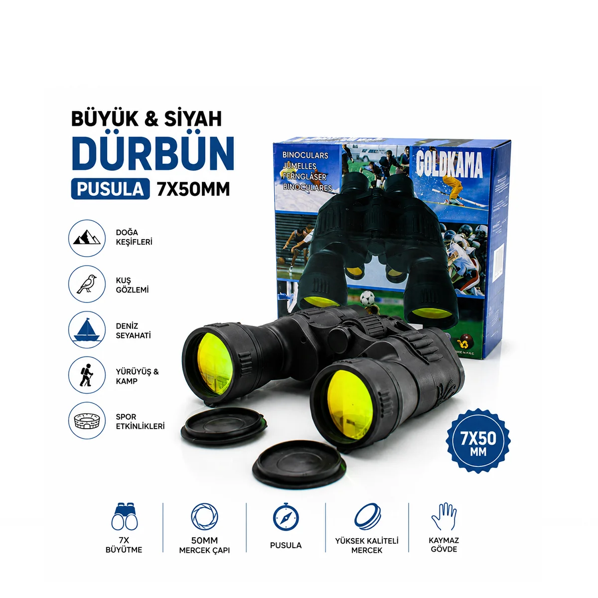 7x50 Büyük Siyah Dürbün (Pusula) görsel 2
