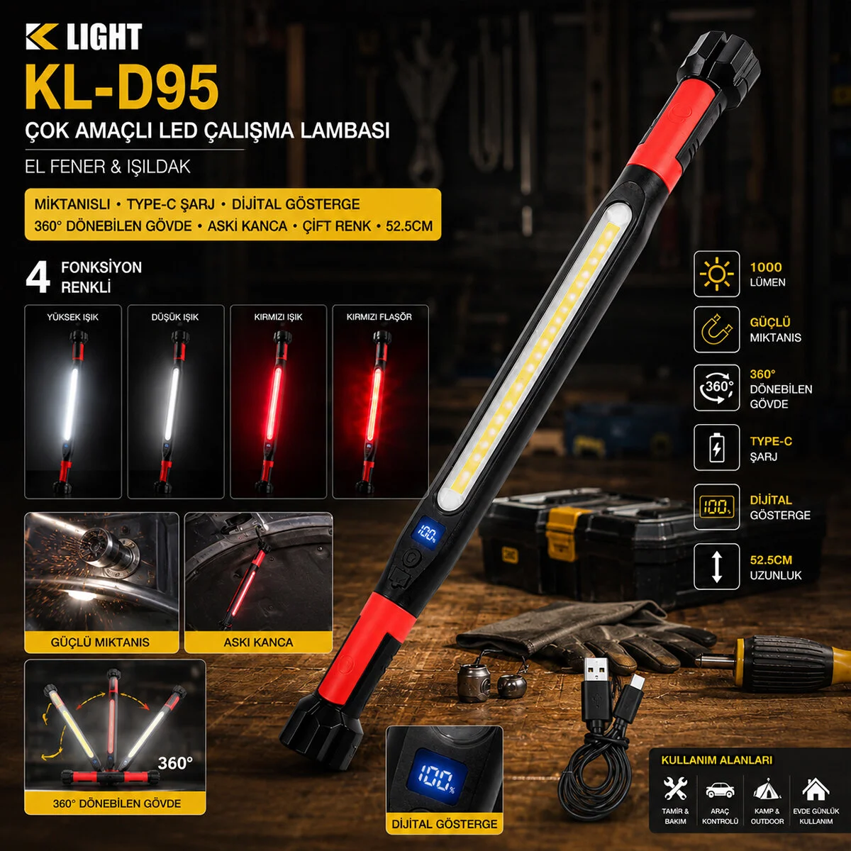 Mıknatıslı Type-c Şarj - Dijital Gösterge 360° Dönebilen Gövde - Askı Kanca - Çift Renk - 52.5CM El Fener - Işıldak Çok Amaçlı Led Çalışma Lambası 4 Fonksiyon Renkli KL-D95 görsel 3