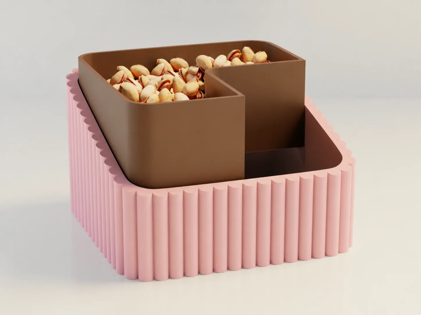 3D Baskı Fıstık Kasesi - Çift Hazneli Kabuk Ayırıcı Sunum Kasesi - Pembe Kahverengi