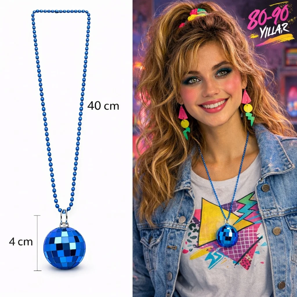 Retro Disko Topu Şekilli 80'ler 90'lar Mavi Renk Plastik Kolye görsel 2