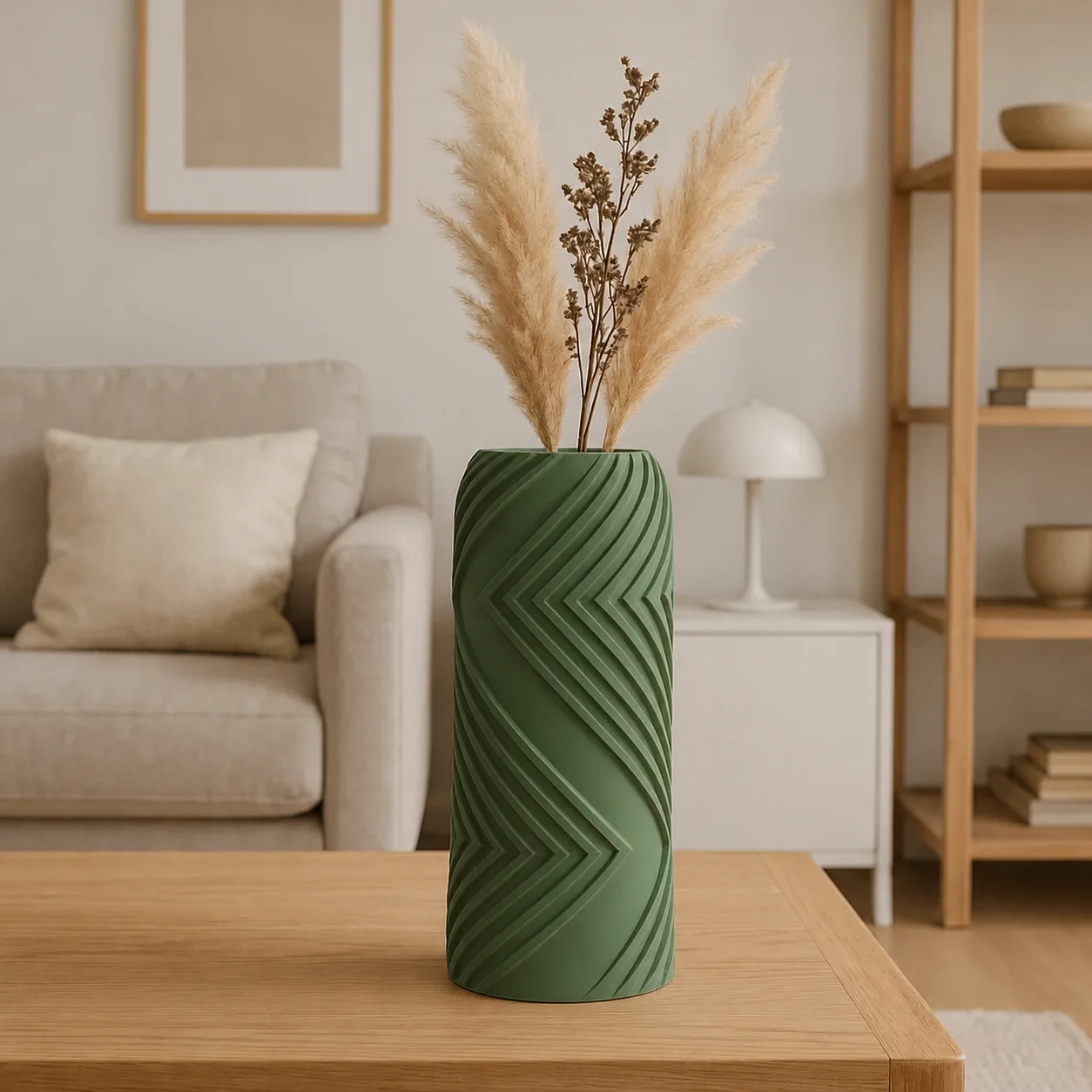 3D Baskı Vector Vazo - Geometrik Çizgili Dekoratif Vazo-Yeşil
