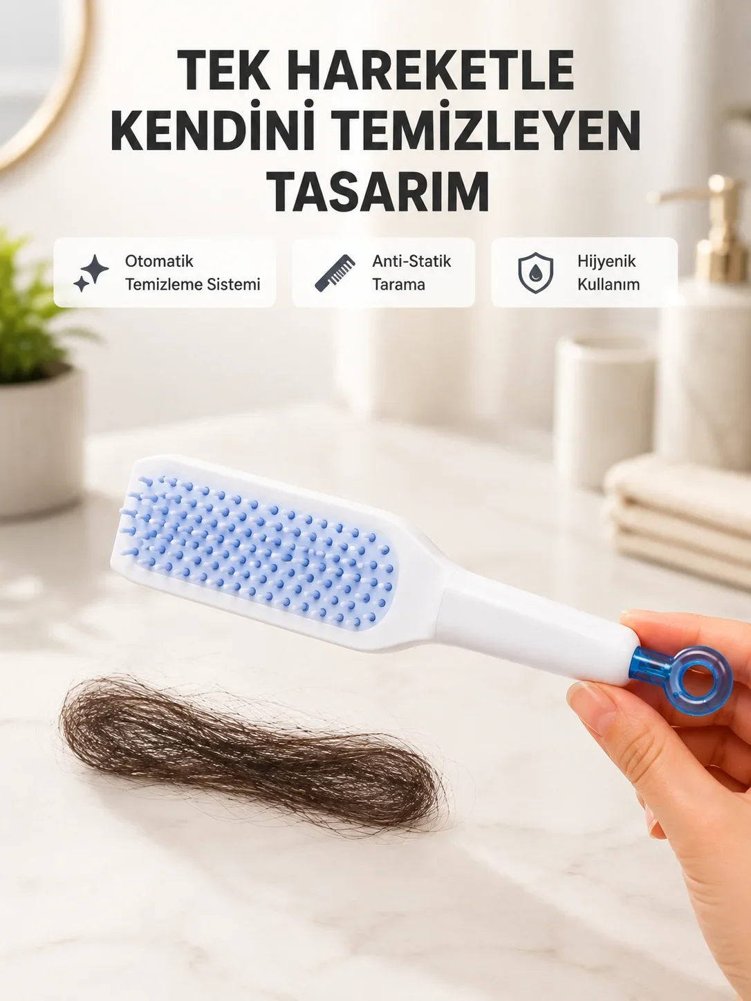 Kendi Kendini Tezleyen Saç Tarağı – Anti-Statik, Silikon Uçlu, ABS Malzeme, 22x4 cm