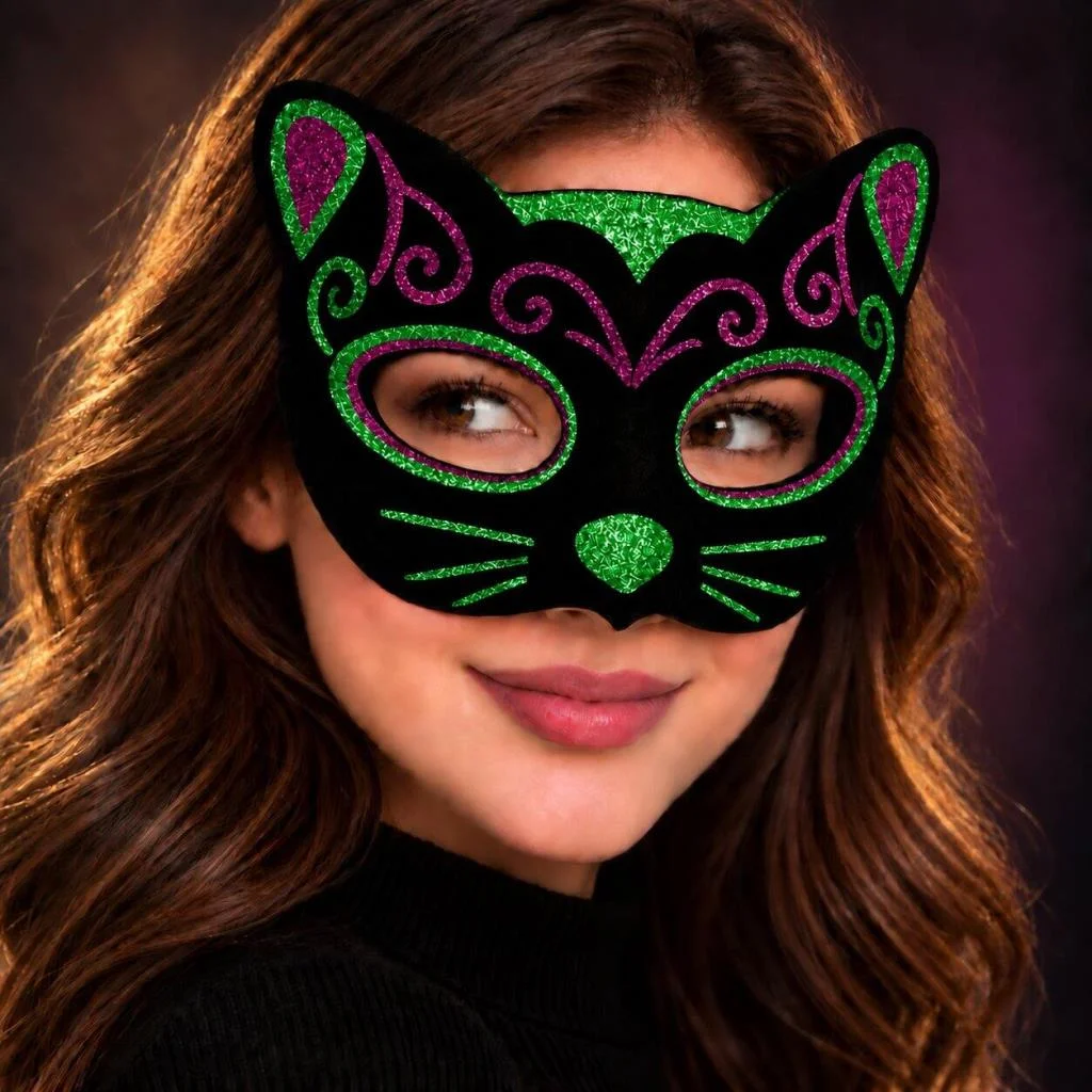 Siyah Kadife Kaplama Üzeri Pembe Yeşil Sim İşlemeli Kedi Maskesi 20x13 cm