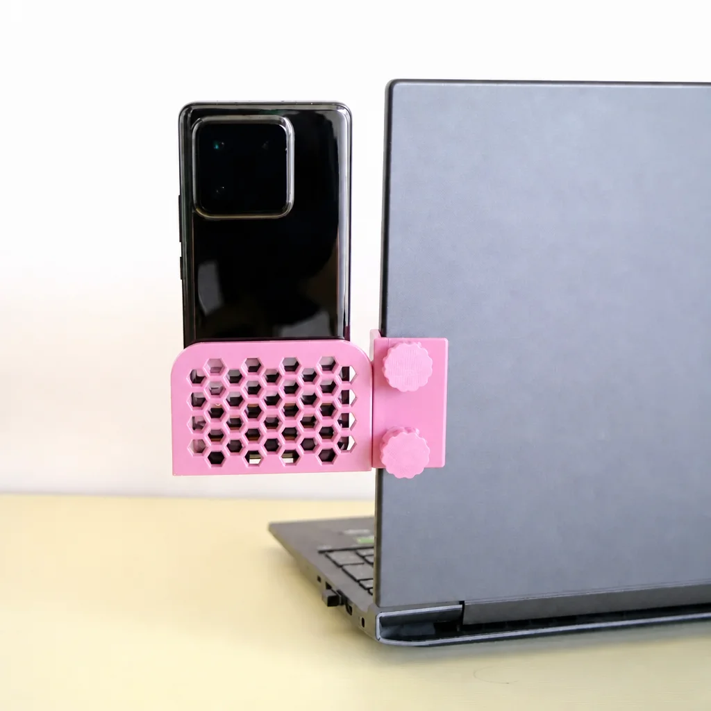 3D Baskı Monitor Telefon Tutucu - Petek Desenli Laptop Kenar Telefon Tutucu-Pembe görsel 3